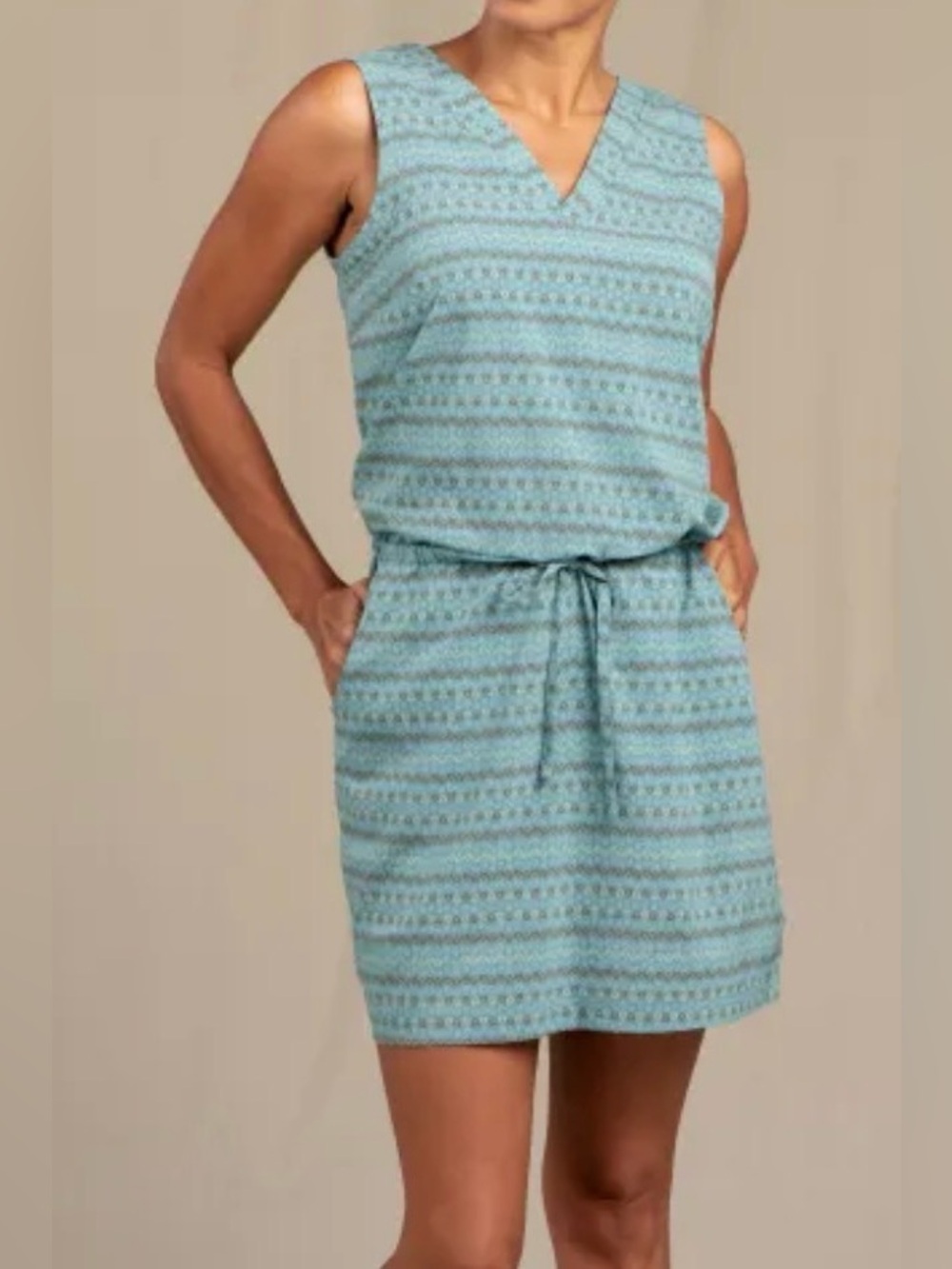 Toad&Co Teal and Aqua Sleeveless V-Neck Drawstring Dress